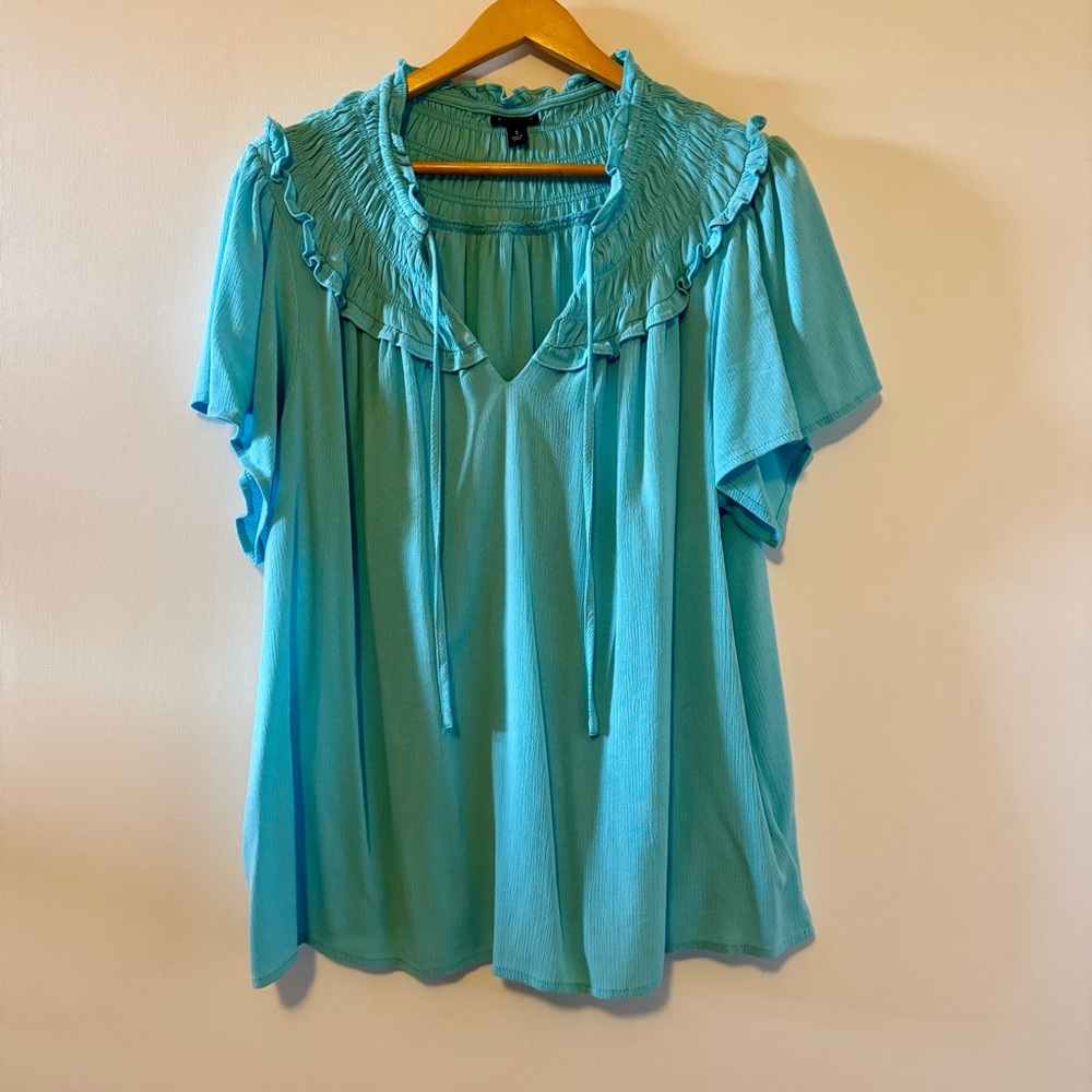 Torrid Ruffled V-Neck Flutter Sleeve Lightweight Gauze Top Turquoise Blue Size 1